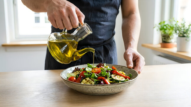 A chef pouring fresh extra virgin olive oil over a healthy salad in a bright kitchen