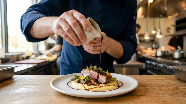 Professional chef seasoning a gourmet meat dish with herbs in a busy restaurant kitchen