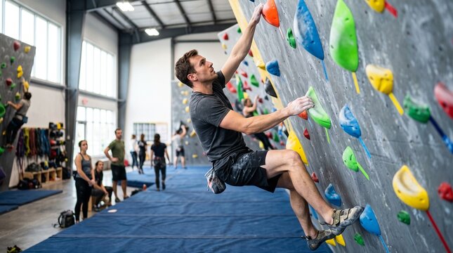 Man Bouldering Indoors on Colorful Climbing Wall with Other People in Background