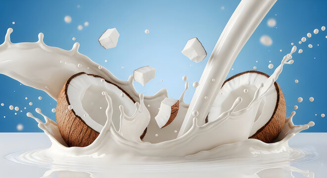 Coconut milk splash freshly cracked coconut with pouring milk and fragments