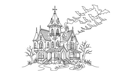 Naklejka premium Haunted House with Bats Flying Out - Line Art Illustration