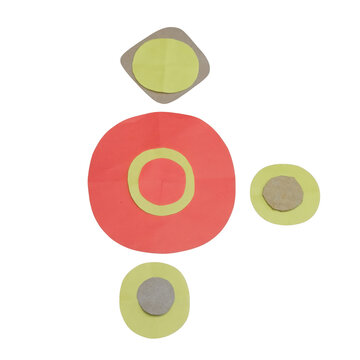 Paper collage of circles and a rounded square shape in red, yellow, and grey colors arranged on a plain white background, surface for display isolated on a transparent background