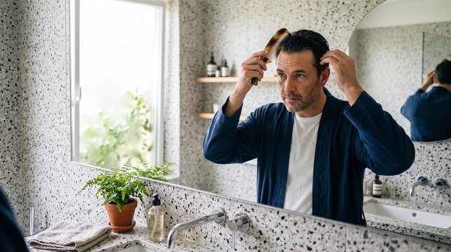 Man combing his hair in a modern bathroom with terrazzo countertop and a window with greenery