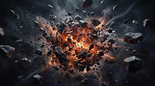 Cosmic Cataclysm, exploding meteor fragments and burning rocks, interstellar fire and debris, dynamic destruction in dark space, sci-fi disaster concept and background texture