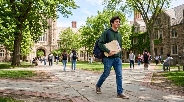 Young man walking on university campus with backpack and folders in front of historic stone buildings