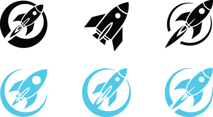 Fototapeta premium rocket launch and startup icons, business growth, innovation and success symbols, colorful orange and blue vector illustration set for entrepreneurship, technology, investment, achievement and modern 