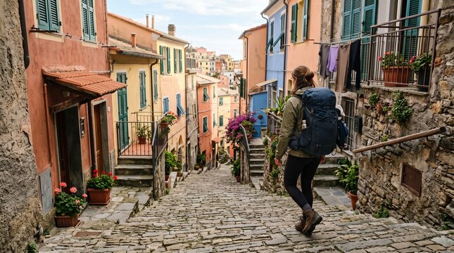 Woman with Backpack Descending Cobblestone Steps in Colorful Italian Village