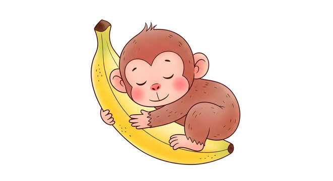  Cute cartoon monkey hugging a giant yellow banana illustration isolated on white background

