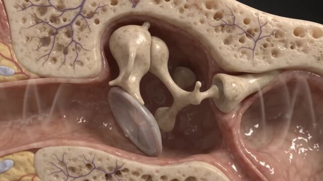 Detailed Medical 3D Animation Illustrating Human Middle Ear Anatomy and Sound Wave Vibration Mechanics for Otolaryngology Education