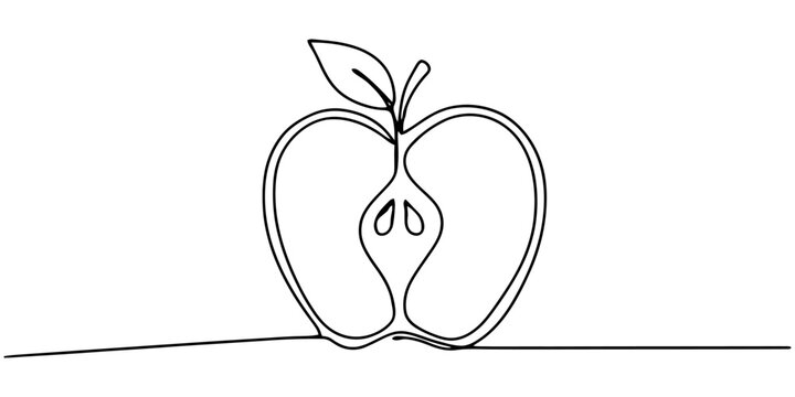 Continuous single line drawing of a half apple with a leaf isolated on a white background Vector, illustration