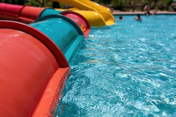 Obraz premium Colorful water park slides curving into clear blue pool on a bright summer day