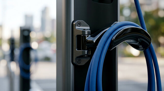 Close-up shot of modern electric vehicle charging station cable management arm holding blue cord supporting clean urban mobility solutions in open city