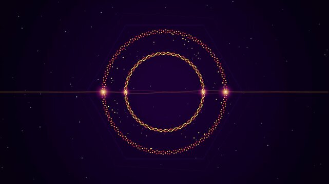 Glowing orange particle rings rotating in dark space creating rhythmic motion video for abstract digital background