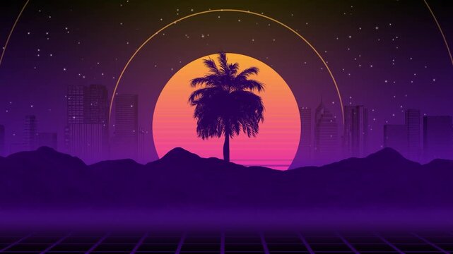 Retro synthwave sunset animation featuring glowing palm trees and cityscape