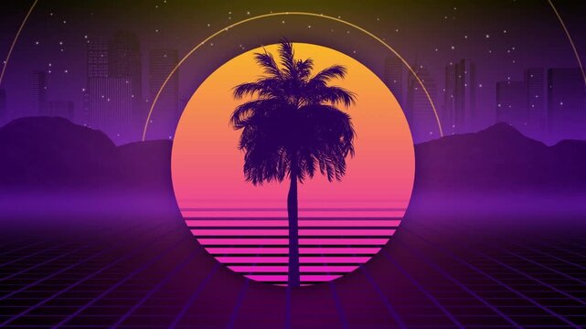 Tropical palm tree silhouette within vibrant neon synthwave motion video loop