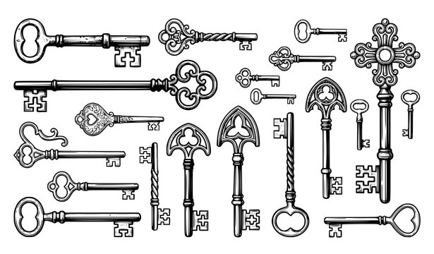 Historical Antique Skeleton Key Engraving Style Vector Collection