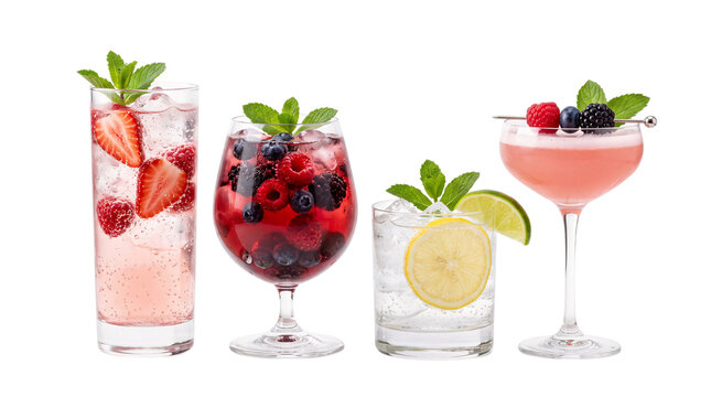 Four refreshing summer cocktails with berries isolated on png transparent background