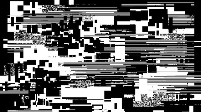 Abstract black and white digital glitch art background featuring distorted horizontal lines and pixelated blocks creating a modern high contrast technological texture for design projects