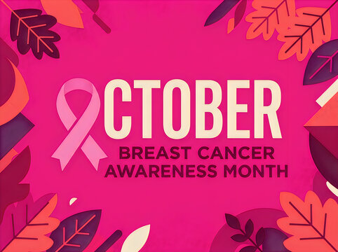 October breast cancer awareness month with ribbon and autumn leaf floral background