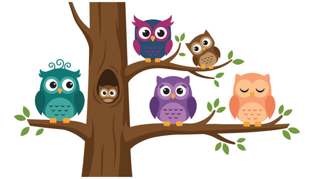 Collection of cute cartoon owl characters sitting on tree branches vector illustration isolated on white background