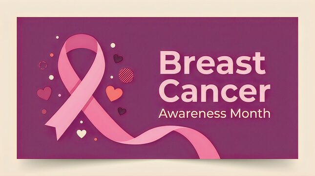 Breast cancer awareness month illustration with pink ribbon and floral elements on purple background