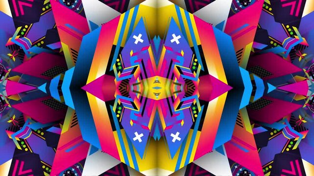 Vibrant geometric motion animation featuring kaleidoscopic patterns of colorful digital shapes
