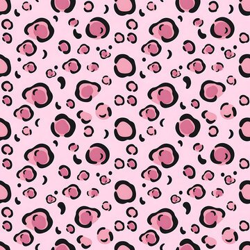 Seamless pattern with pink leopard pastel black beige spots on light pink flat vector cute fashion perfect for textile wallpaper fabric kids nursery packaging.