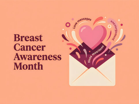 Breast cancer awareness month illustration with heart and ribbon design on peach background