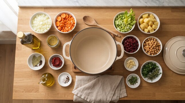 Organized soup preparation with chopped vegetables, herbs and cooking ingredients surrounding an empty ceramic pot, clean mise en place concept for recipes and culinary content.