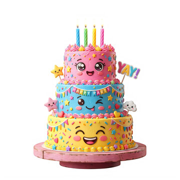 Whimsical three tiered birthday cake with smiling faces and colorful candles