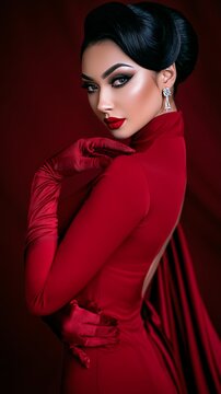 Elegant woman posing in luxurious red vintage dress