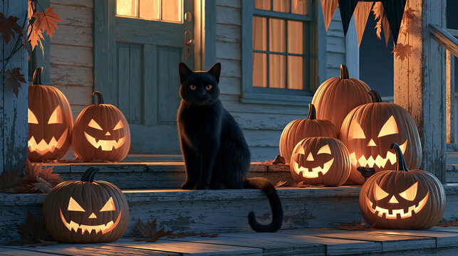 Mysterious black cat sits calmly upon wooden porch steps surrounded by glowing orange jack o lanterns during a spooky evening