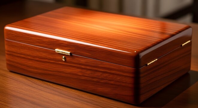 Polished wooden box with brass clasp resting on a smooth surface during warm studio lighting