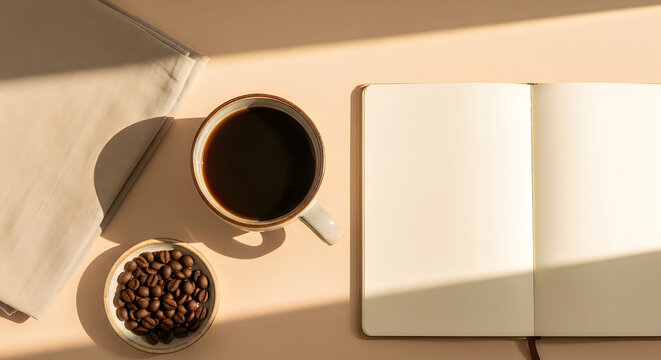 Coffee notebook and beans flat lay warm toned workspace