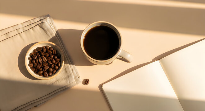 Coffee still life with beans and open notebook warm natural light