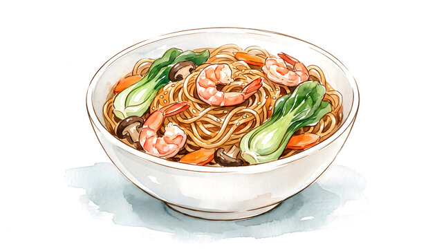 Shrimp lo mein bowl with seafood and vegetables for menu design