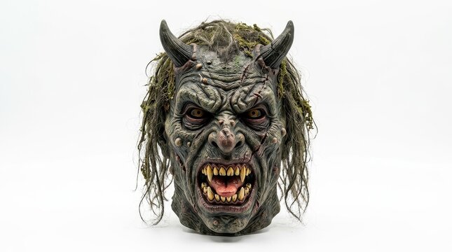 Scary demon mask with horns and sharp teeth, realistic horror monster head illustration, creepy devil creature for Halloween and dark fantasy