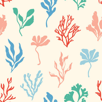 Marine botanical seamless pattern with colorful seaweed, branching coral, flowing algae and leafy ocean plants on warm cream background