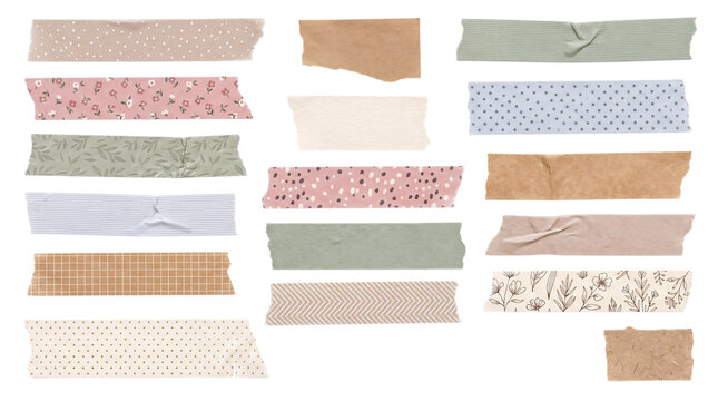 Assorted washi tapes with floral, polka dot, and png on isolated transparent background