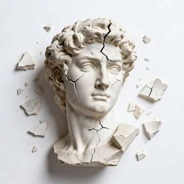 Broken Marble Bust of Classical Sculpture on White Background