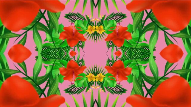 Tropical hibiscus flower animation with shifting kaleidoscopic digital motion pattern display