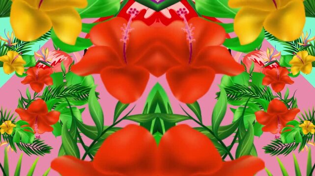Tropical flamingo pattern animation featuring vibrant hibiscus flowers in motion