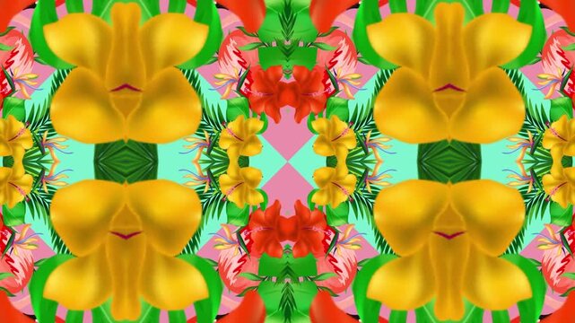 Tropical floral motion background featuring symmetrical blooming hibiscus video animation clip