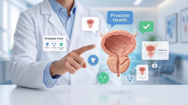 Doctor pointing at a digital hologram of a human prostate and bladder in a clinic with medical professional interacts digital health icons anatomical model male urinary system
