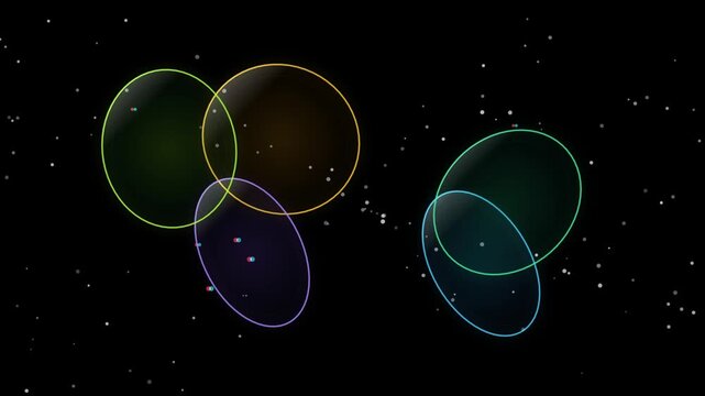 Five colorful, translucent ellipses overlap in a dark, starry space, with small, colorful dots inside each ellipse