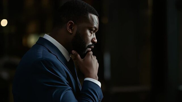 A man in a suit, with his hand on his chin, deep in thought in a dimly lit room.