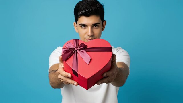 A young man holds a heart-shaped gift box to the camera.