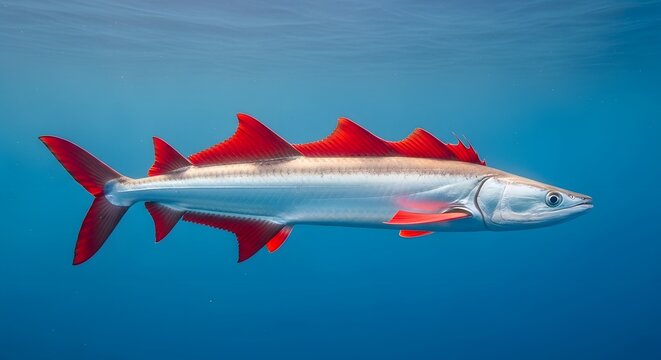 Silver fish with red fins swims in clear blue ocean water with subtle light reflections