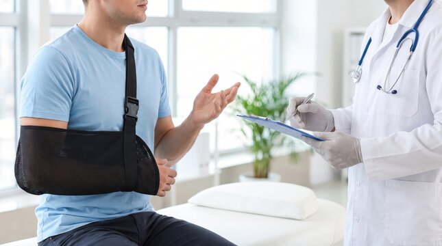 Male patient wearing an arm sling consulting with a professional doctor in a medical clinic.