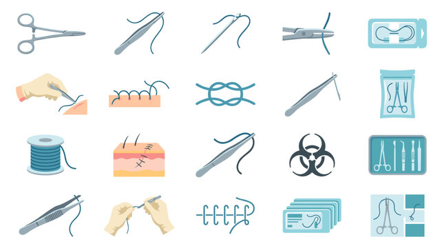 Professional medical surgery icon set featuring suturing tools, skin stitches, and sterile instrument kits for healthcare